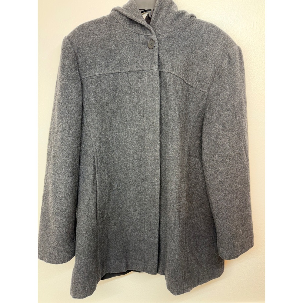 Herman Kay Womens XL Charcoal Grey 100% Wool Hooded Pea Coat Button Front Jacket
